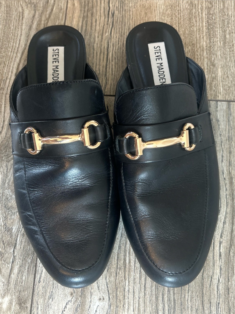 Steve Madden Black Leather Mules Slip On Loafers with Gold Bit Old Money 7-7.5